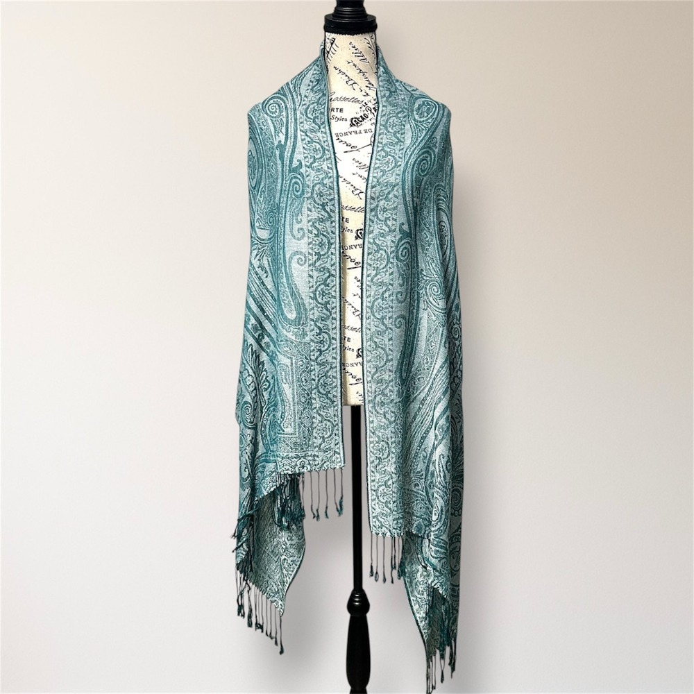 Pashmina Silk Teal Thread Paisley Shawl Wrap Scarf Fringe Boho Travel - Picture 7 of 11